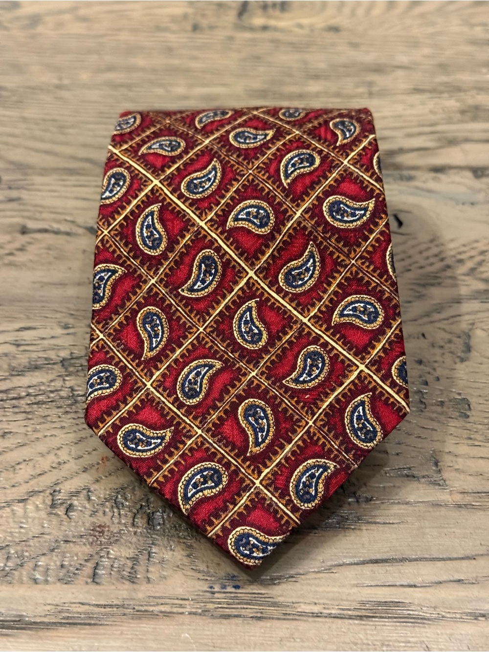 Men's Red Paisley-Grid Silk-Effect Tie with Gold & Navy Accents